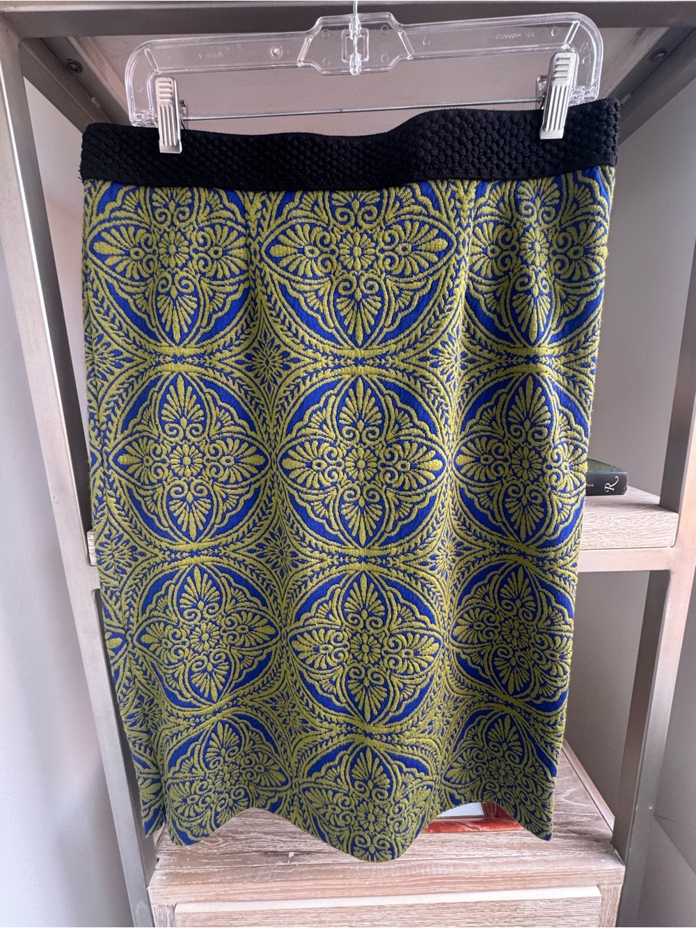 Maeve Blue and Green Medallion Knit Pencil Skirt with Black Waistband